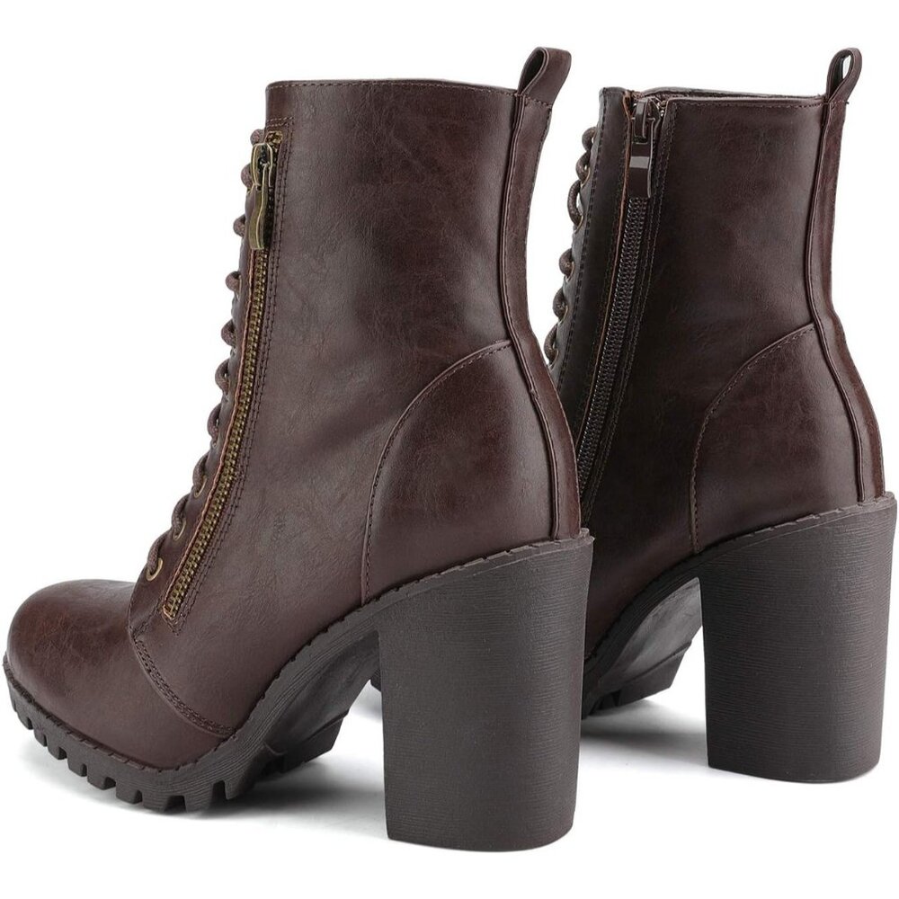 Women's Faux Leather Brown Combat Ankle Chunky Heel Lace up Heeled Booties - Picture 3 of 6